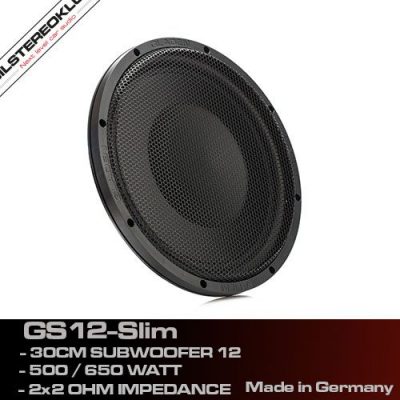 Frontbillede af Gladen GS12-Slim subwoofer med beskyttelsesgrill