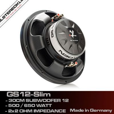 Bagbillede af Gladen GS12-Slim subwoofer med dobbelte terminaler