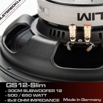 Close-up af terminaler på Gladen GS12-Slim subwoofer