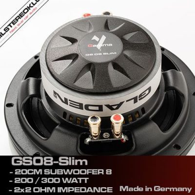 Close-up foto af Gladen Audio GS08-Slim ALLROUND subwoofer med 2x2 ohm impedans